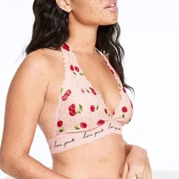Victoria’s Secret PINK Cherry Lace Triangle Bralette Love Pink Halter Size S - Picture 4 of 11